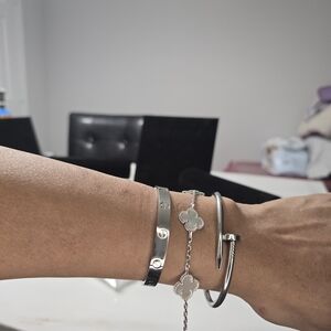 Silver Love And Nail With Clover Bracelet Stack